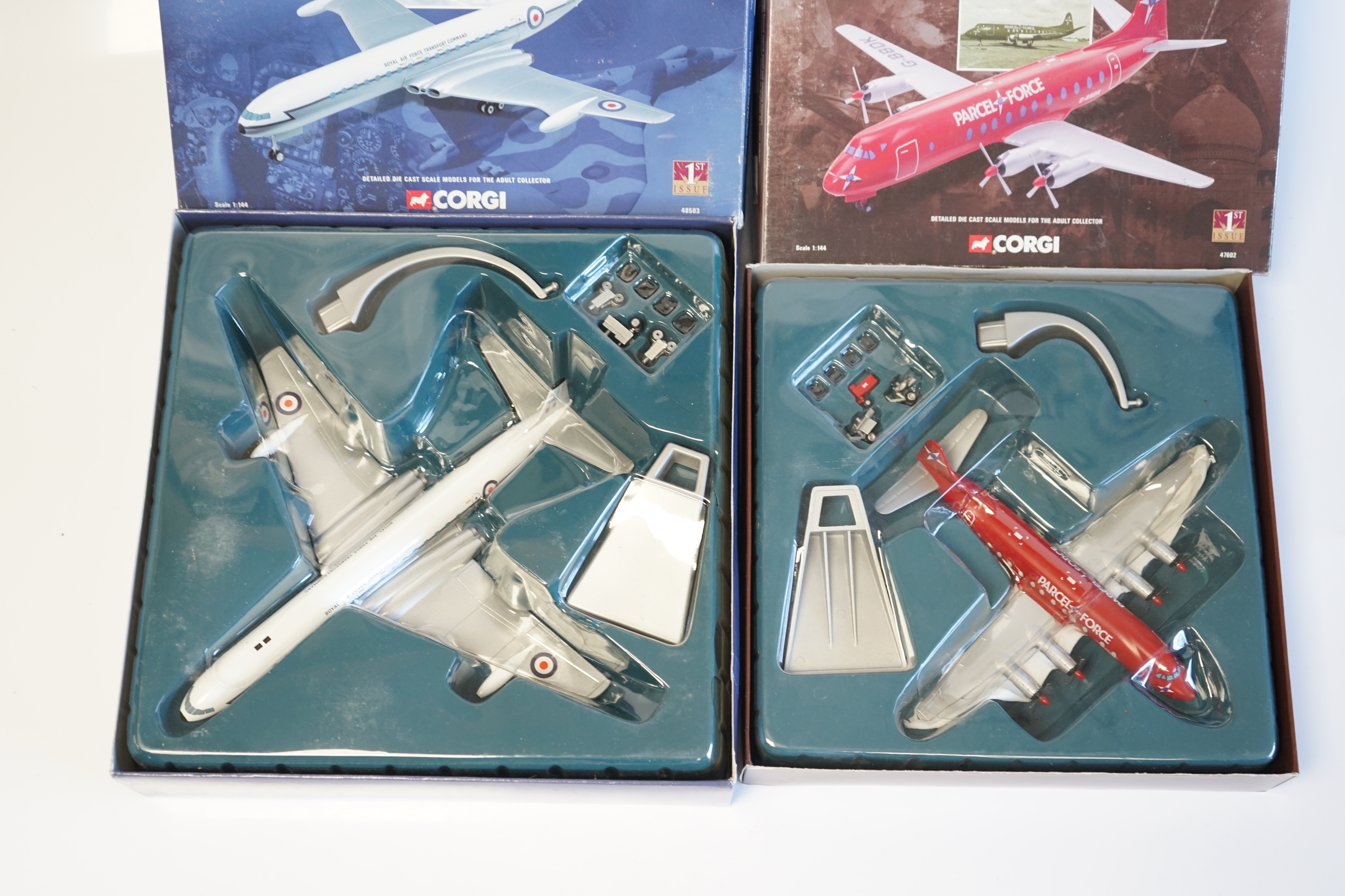 Nine boxed Corgi Aviation Archive aircraft including five Classic Propliners series; three Vickers Viscount and two Bristol 175 Britannias, two 100 Years of Flight series; a Bristol 175 Britannia and a DH Comet 4, two Mi